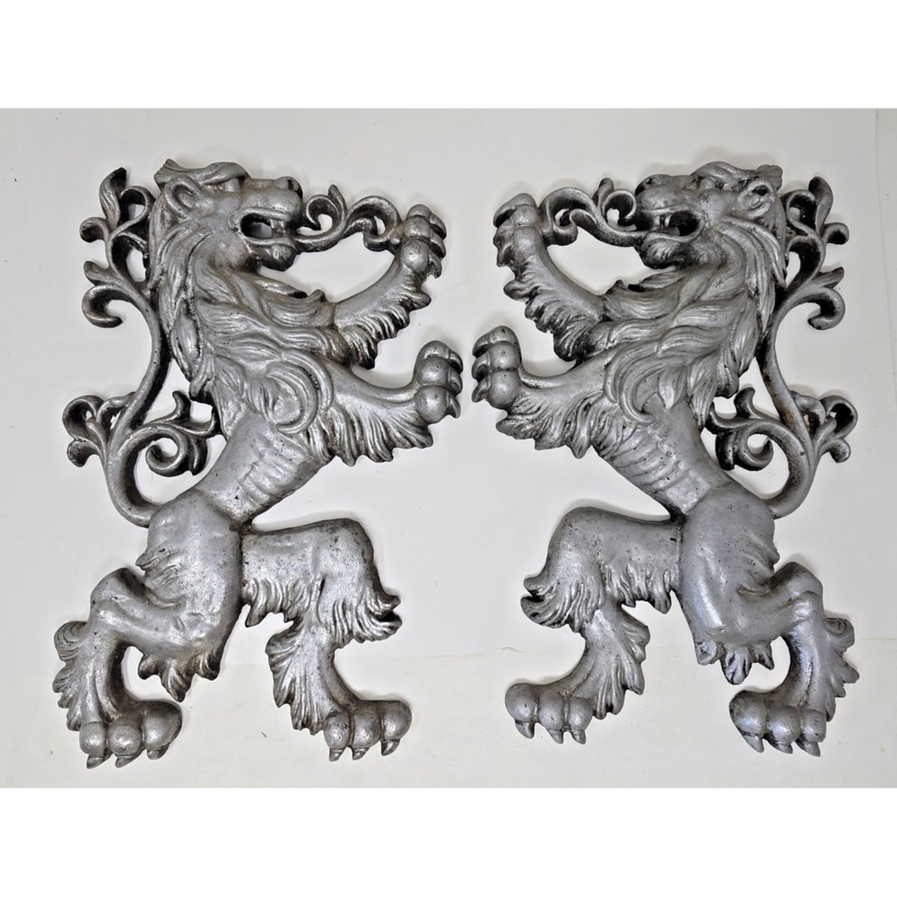 Vintage Pair Cast Aluminum Scottish 12" Fighting Lion Griffin U132